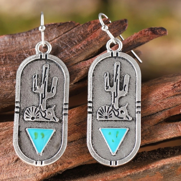 Turquoise and Silver Cactus Earrings - Picture 2 of 7